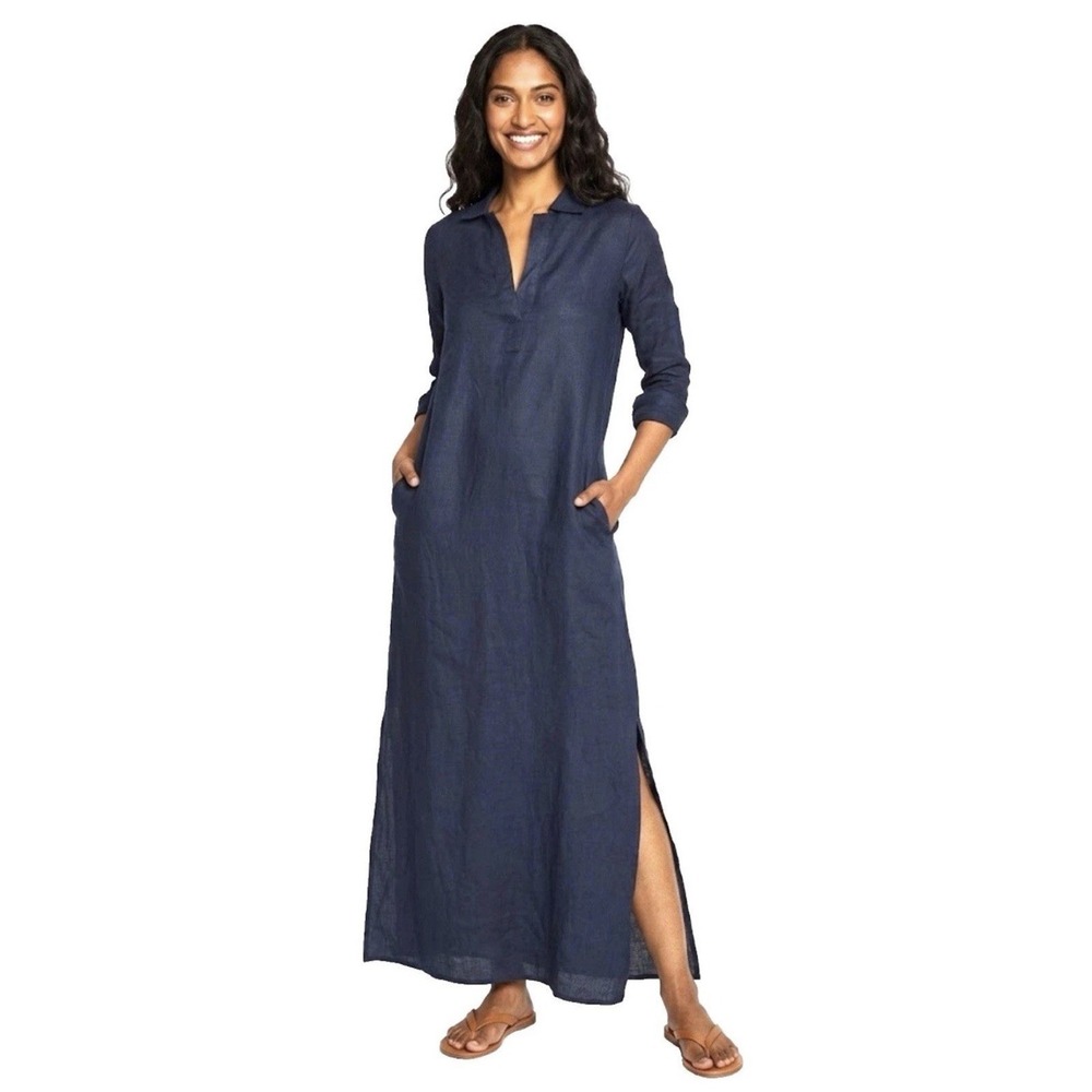 Pour Les Femmes Linen Navy Blue Shirt Dress Size Medium Maxi